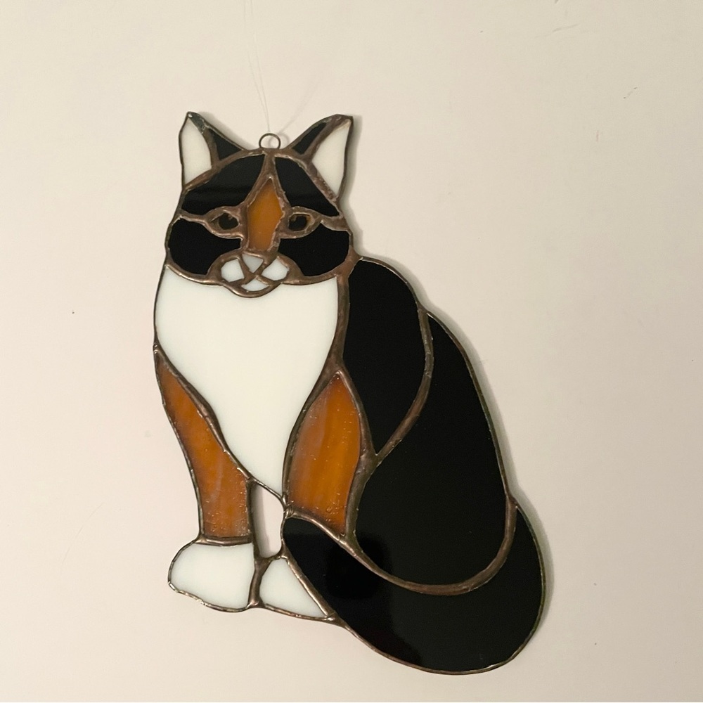 Vintage Stained Glass Calico Cat Suncatcher Hanging Art 7”